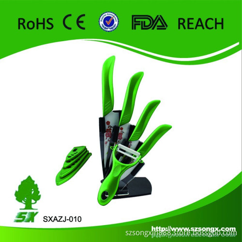 6 in 1 Ceramic Cuterly Knife Set With Green ABS+TPR Handle and Flower Painted Blade